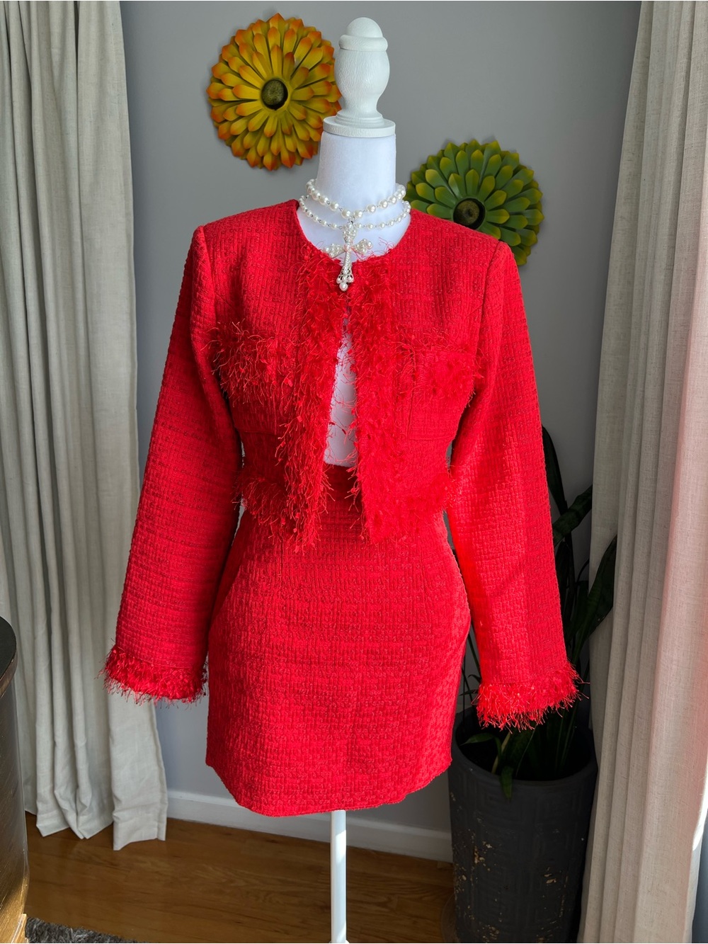 Endless Rose Red Feather Trim Tweed Crop Blazer & Mini Skirt Set Size Small $235 - Picture 5 of 16